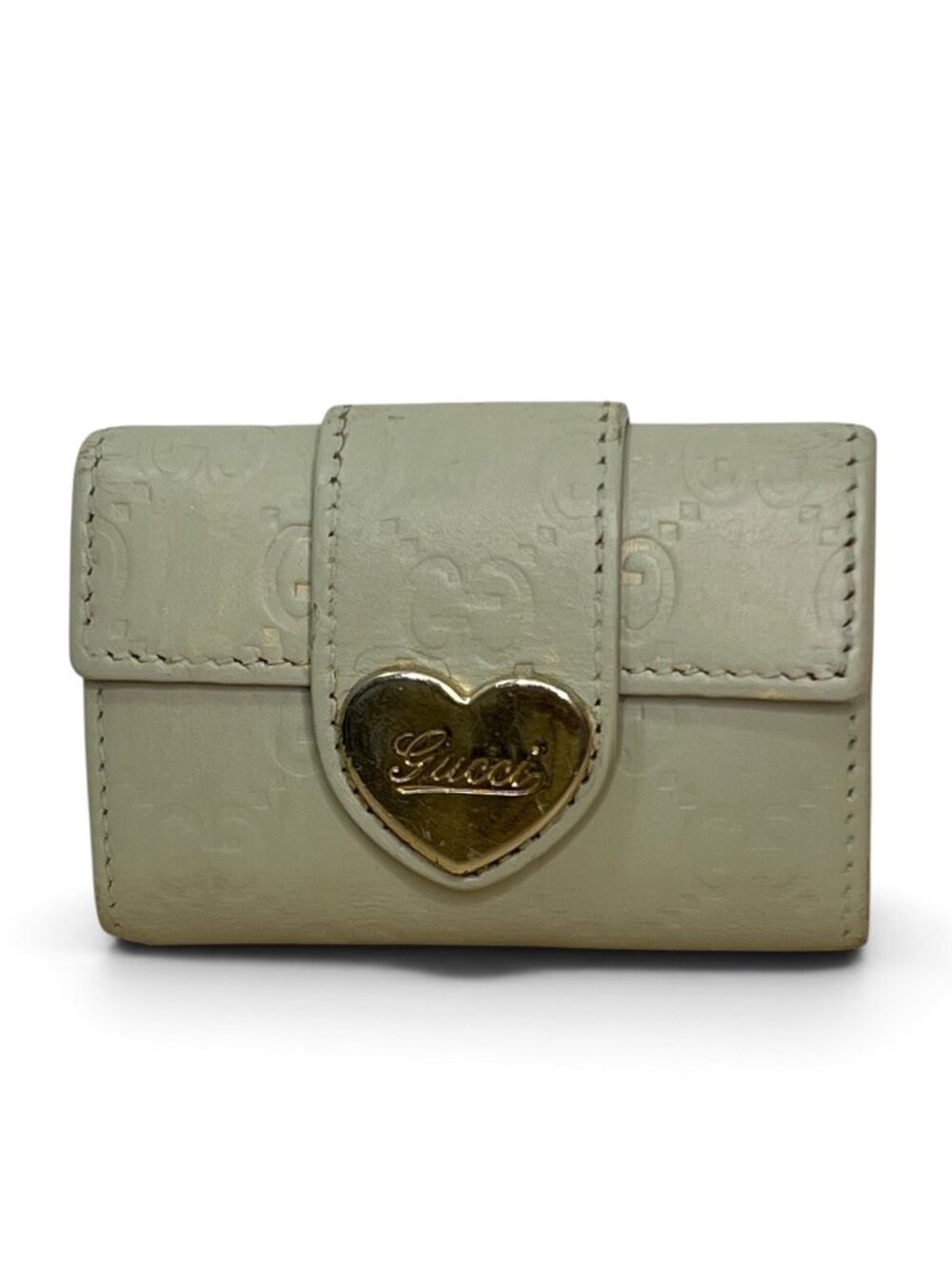 Gucci Stone Beige Leather Key Case With Gold Heart Accent & Monogram Embossed